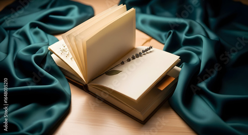Open book with blank pages rests on a wooden surface, surrounded by flowing, dark teal satin fabric.