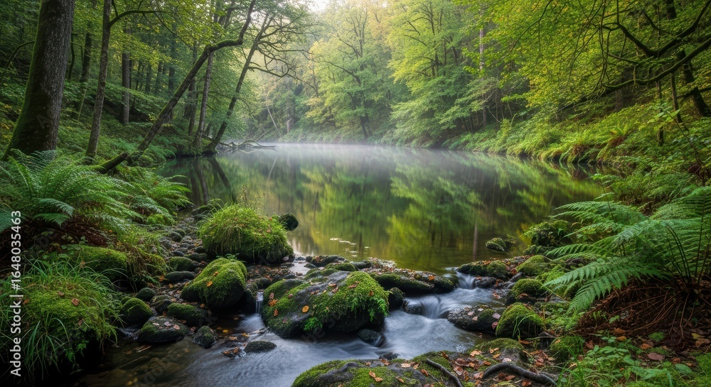 Tranquil forest river with lush greenery and moss-covered rocks Tranquil forest river with lush greenery and moss-covered rocks