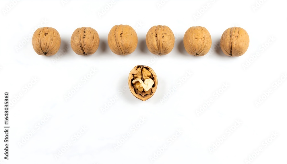 Obraz premium Five whole walnuts, one cracked open