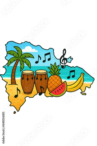 Dominican Republic map with summer elements representing music, tropical fruits and beach, with transparent background