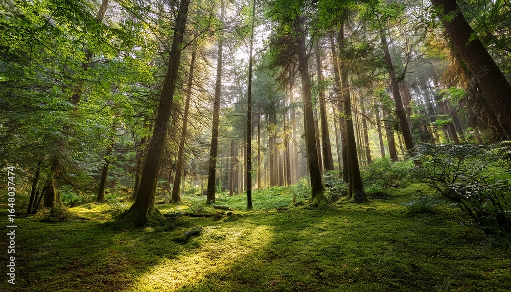 Naklejka premium the forest is characterized by its lush greenery tall trees vibrant foliage and peaceful atmosphere