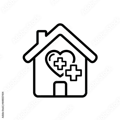 Simple line art icon of a house with a heart and medical cross inside, isolated on white background