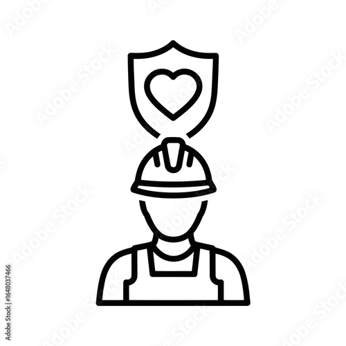 Worker safety and health protection icon with a shield and heart symbol above a hard hat, isolated on white background