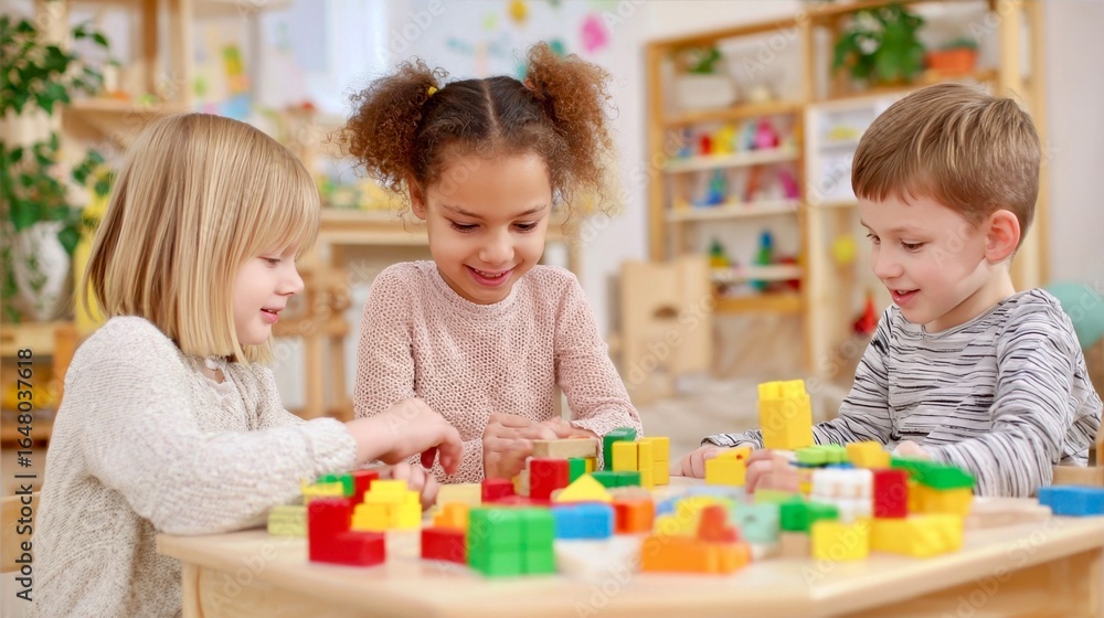 Fototapeta premium Three kids playing with colorful building blocks at a classroom table, smiling and focused, representing early education, creativity, and social learning.