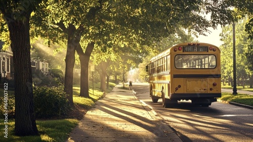 Yellow school bus driving down a tree-lined suburban street in warm morning sunlight, symbolizing education, community, and daily routines.