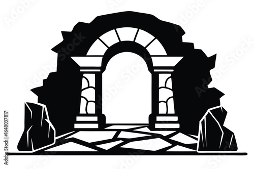 Ruined Stone Archway with Broken Pavement and Jagged Rocks, Black and White Illustration