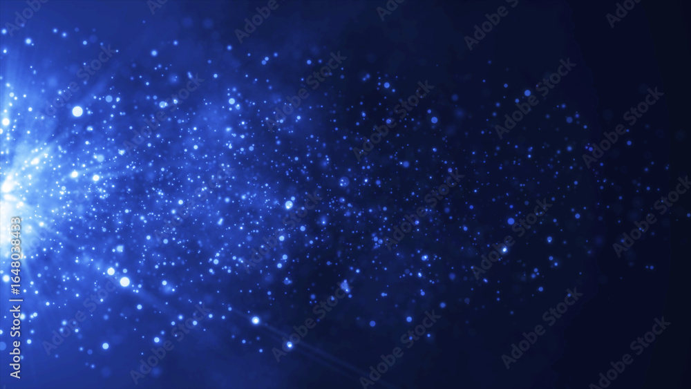 Fototapeta premium Elegant defocused blue dust particles over dark background with glow rays. Event game trailer titles cinematic concert stage background. Rain for magic moments and festive events 