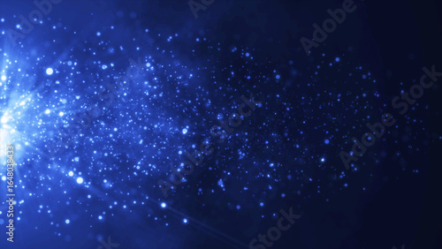 Elegant defocused blue dust particles over dark background with glow rays. Event game trailer titles cinematic concert stage background. Rain for magic moments and festive events 