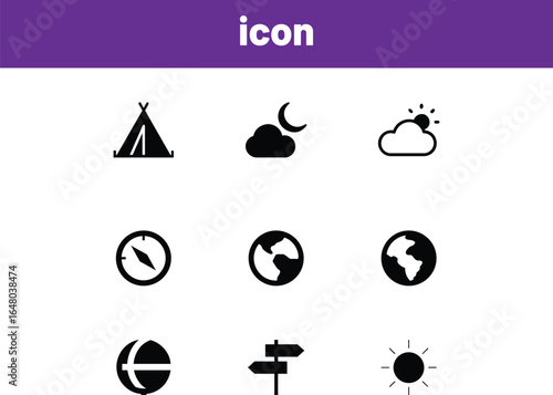Travel and weather icons on white background tent camping