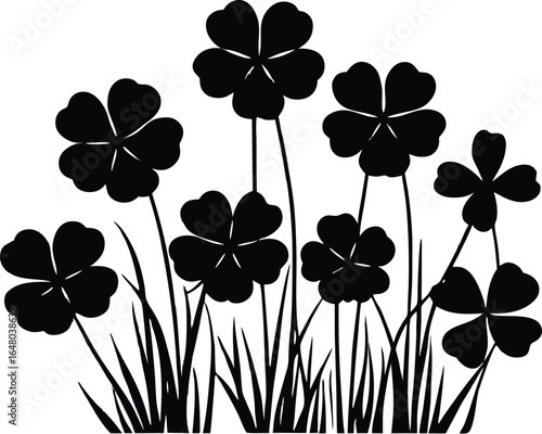 Clover Blossoms Among Grass Silhouette | Lucky Clover Flower Patch Silhouette