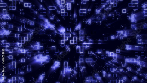 Dark glowing blue neon animated square shapes background.