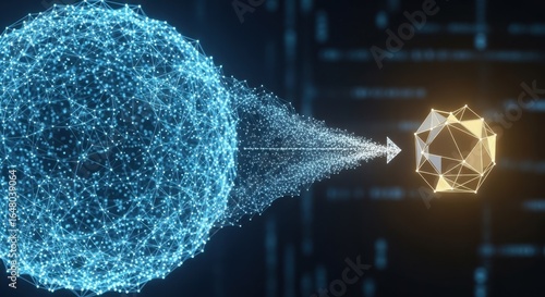 A conceptual illustration of a large complex AI model being distilled into a smaller more efficient version symbolizing the process of making artificial intelligence models lighter