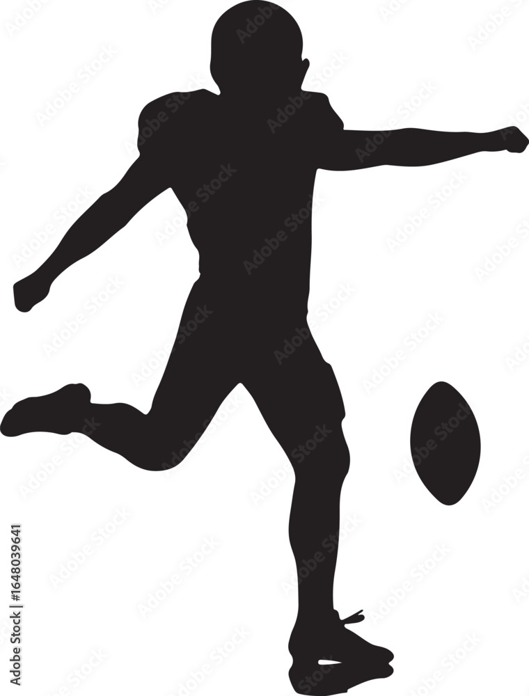 Obraz premium Black silhouette of a football player kicking a football american football athlete