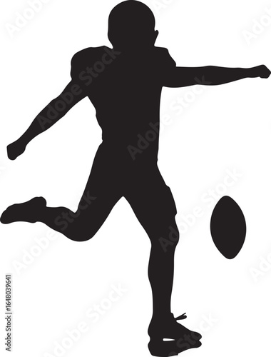 Black silhouette of a football player kicking a football american football athlete