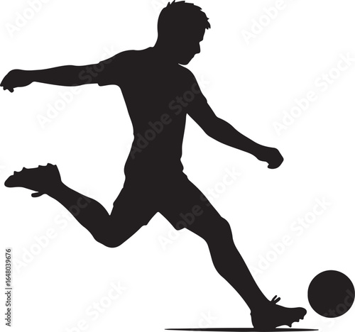 Black silhouette of a male soccer player kicking a ball football black and white