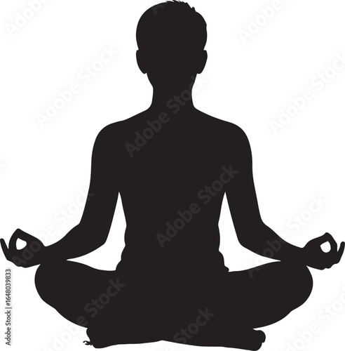 Black silhouette of a person meditating in a lotus position with mudra hands on a white background yoga