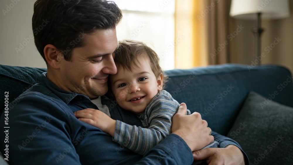 Father hugging toddler while sitting on sofa in cozy living room Father hugging toddler while sitting on sofa in cozy living room