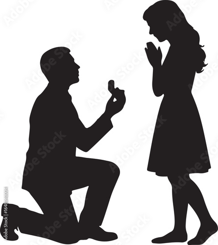 Man proposing marriage to woman with ring box silhouette proposal engagement
