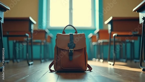 Schoolbag in the empty classroom. 