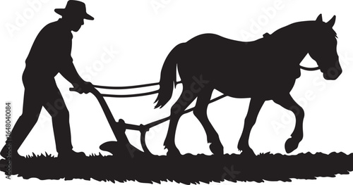 Silhouette of a farmer plowing a field with a horse and plow vector