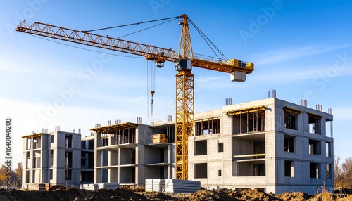 Wallpaper Mural A large tower crane lifts materials at a new apartment building construction site under a clear sky Torontodigital.ca
