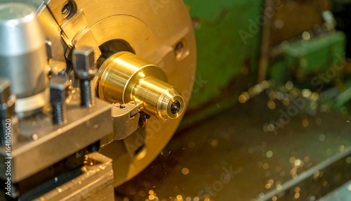 Close-up of a metallic machine tool.  Industrial machinery in action