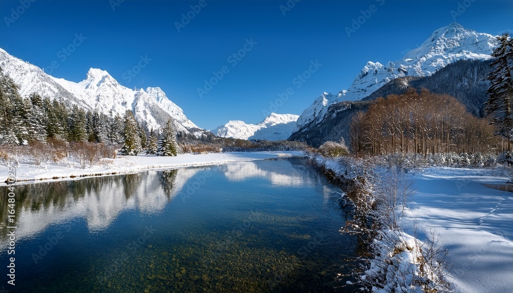 Naklejka premium snow covered mountains reflect on a serene river under a clear blue sky in winter