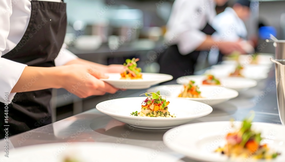 Chef preparing plated dishes in a restaurant kitchen Chef preparing plated dishes in a restaurant kitchen