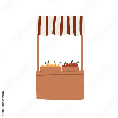  Illustration of a small street market stall with red apples and yellow pears in wooden boxes under brown striped canopy at open-air fair setting on white. Flat vector illustration.