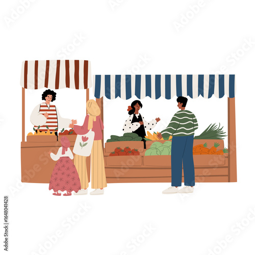 Illustration of a diverse multicultural group including Caucasian, Black, African American, Asian and Muslim people shopping at a lively farmers market with vegetable stalls. Flat vector illustration.