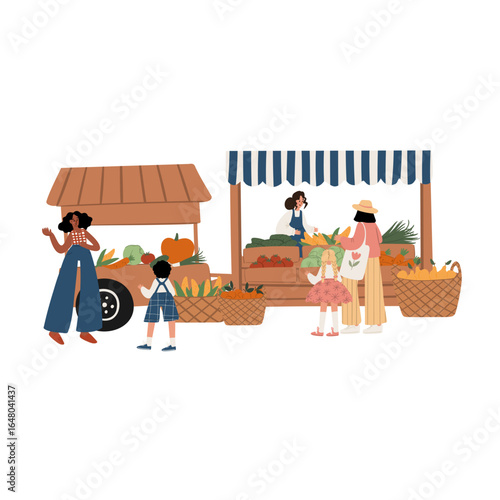 diverse multicultural group including Caucasian, Black, African American and Asian people shopping at a lively farmers market with vegetable stalls and wicker baskets. Flat vector illustration.