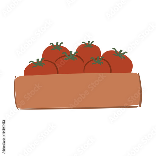 Illustration of a wooden produce crate filled with ripe red tomatoes freshly picked from local organic farm harvest, displayed on white background for rural market. Flat vector illustration.