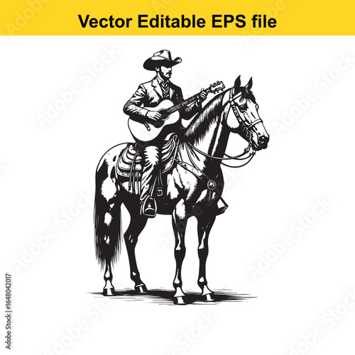 Cowboy playing guitar on horseback in desert landscape, vector art