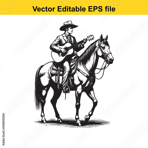 Cowboy playing guitar on horseback in desert landscape, vector art