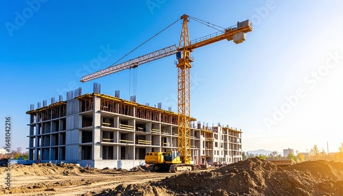 A large tower crane lifts materials at a new apartment building construction site under a clear sky