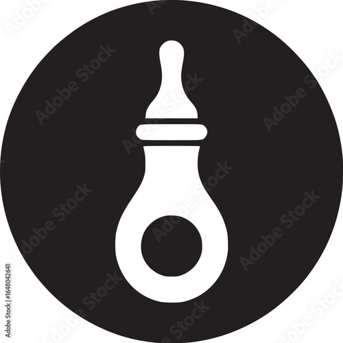 A white baby bottle icon inside a black circle against a white background in a simple graphic design