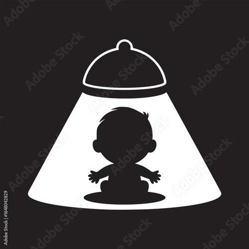 Silhouette of baby under serving dome with light in black and white minimalist illustration style