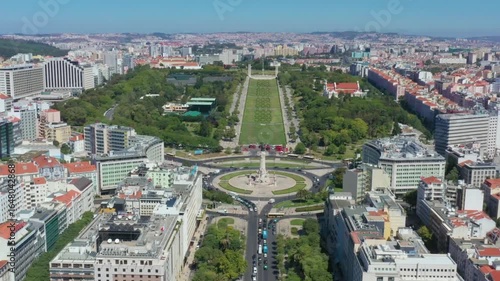 Aerial view of lisbon city with park and roundabout in portugal, europe