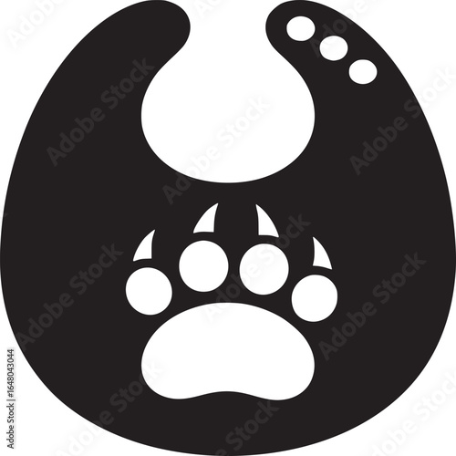 Black and white image of a baby bib with a bear paw print design in the center of the bib item piece