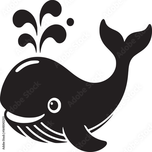 A black and white illustration of a whale spouting water from its blowhole on a white background