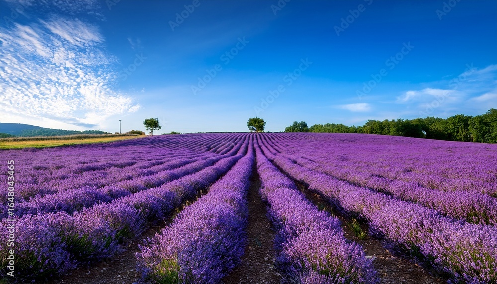 Obraz premium stunning lavender fields in full bloom with lush purple flowers under a clear blue sky capturing the tranquility and beauty of nature in summer
