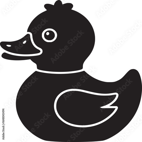 A simple black and white silhouette of a rubber ducky toy on a plain white background surface view