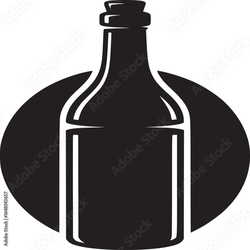 Illustration of a black bottle with a cork stopper against a black circle on white background