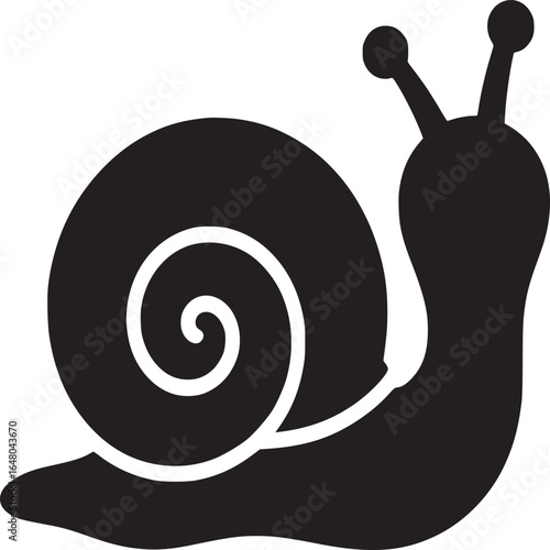 A black and white illustration of a snail with a spiral shell and two antennae on a white background