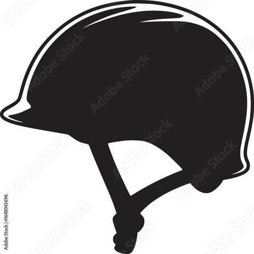A black and white graphic illustration of a riding helmet on a white background simple design