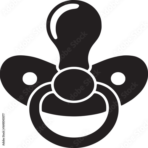 A black and white graphic illustration of a baby pacifier on a white background in a simple style