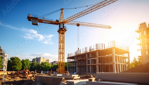 A large tower crane lifts materials at a new apartment building construction site under a clear sky