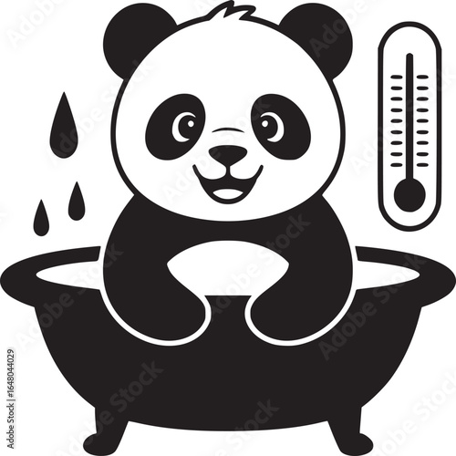 A black and white illustration of a panda bear taking a bath with a thermometer beside the tub