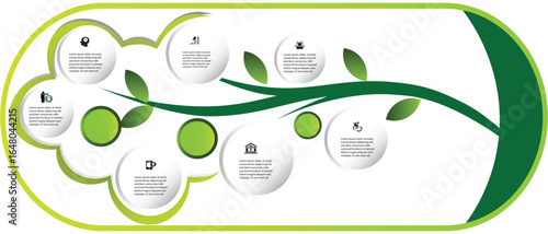 Eco-themed infographic timeline with green leaves and circular icons, perfect for illustrating environmental projects, sustainable growth, and nature-inspired business plans.