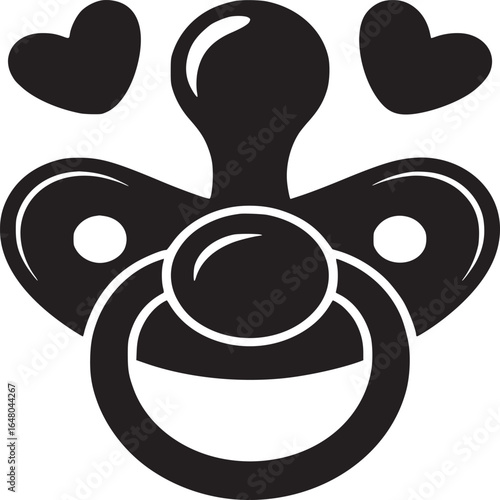A black and white graphic of a pacifier with two hearts floating above it on a white background